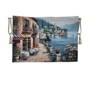 European Lakeside Cafe Tapestry Wall Hanging Woven Textile Art 54" x 38"